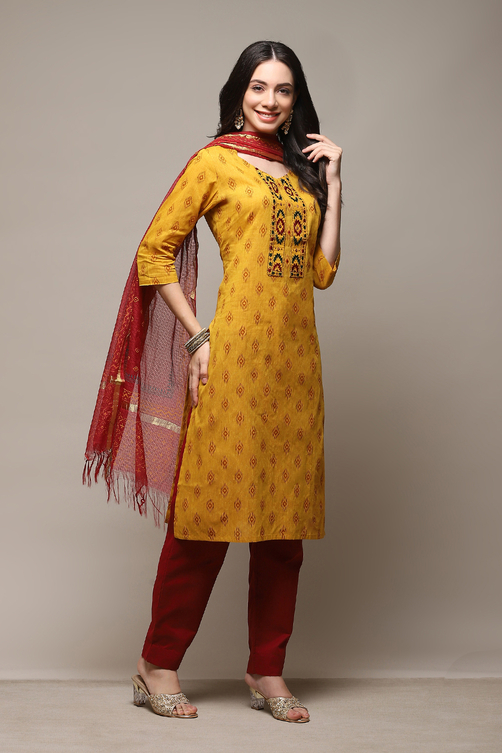 Yellow Cotton Hand Block Print Unstitched Suit Set image number 7