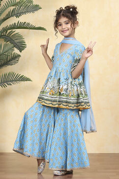 Blue Cotton Printed Straight Sharara Suit Set image number 3