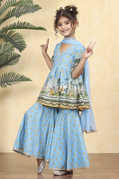 Blue Cotton Printed Straight Sharara Suit Set image number 3