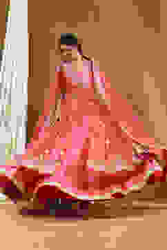 Coral-Pink Polyester Blend Anarkali Lehenga Set image number 0