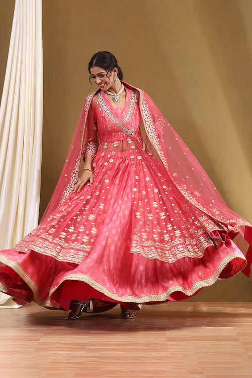 Coral-Pink Polyester Blend Anarkali Lehenga Set image number 0