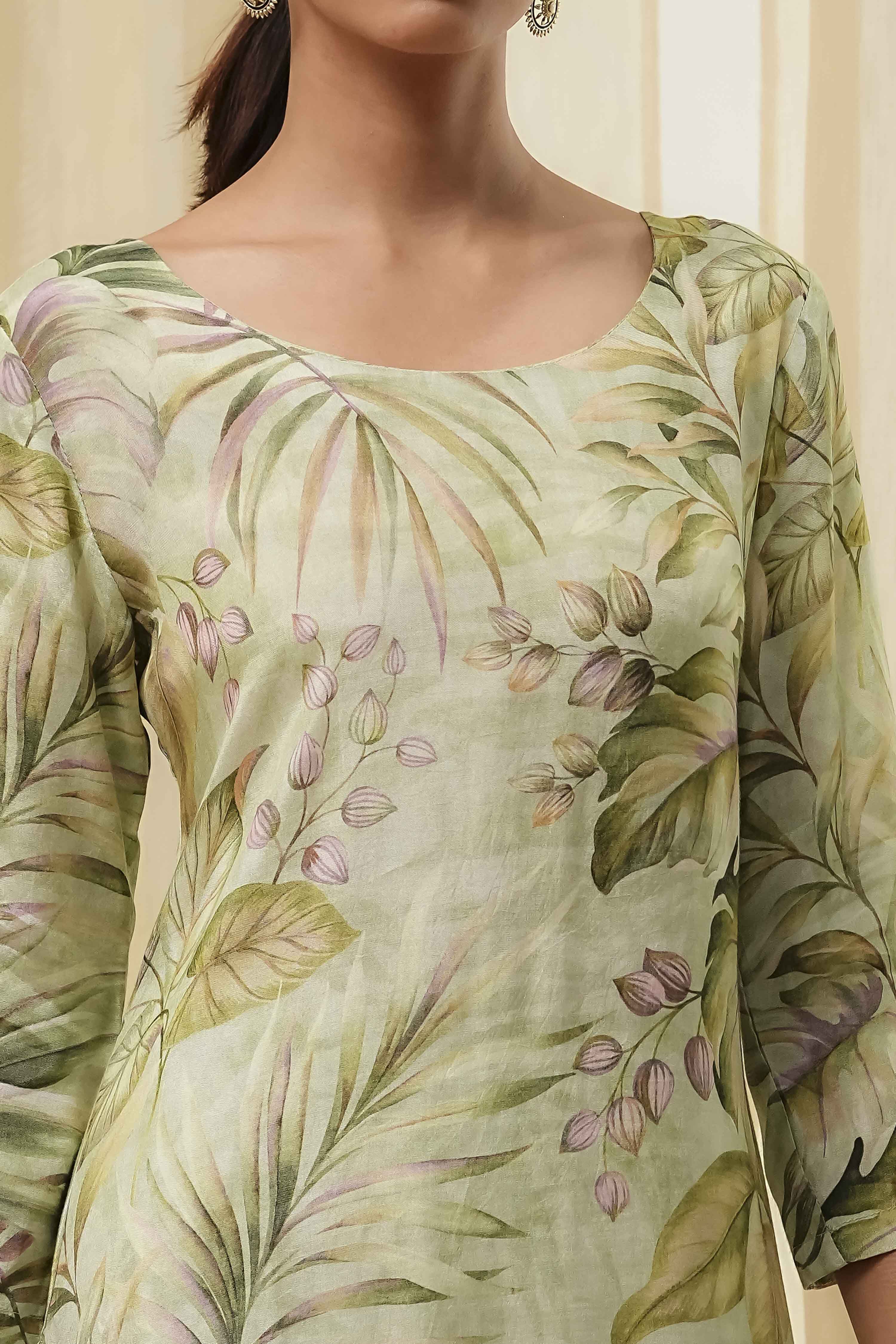 Green Modal Floral Printed Straight Kurta Set image number 1