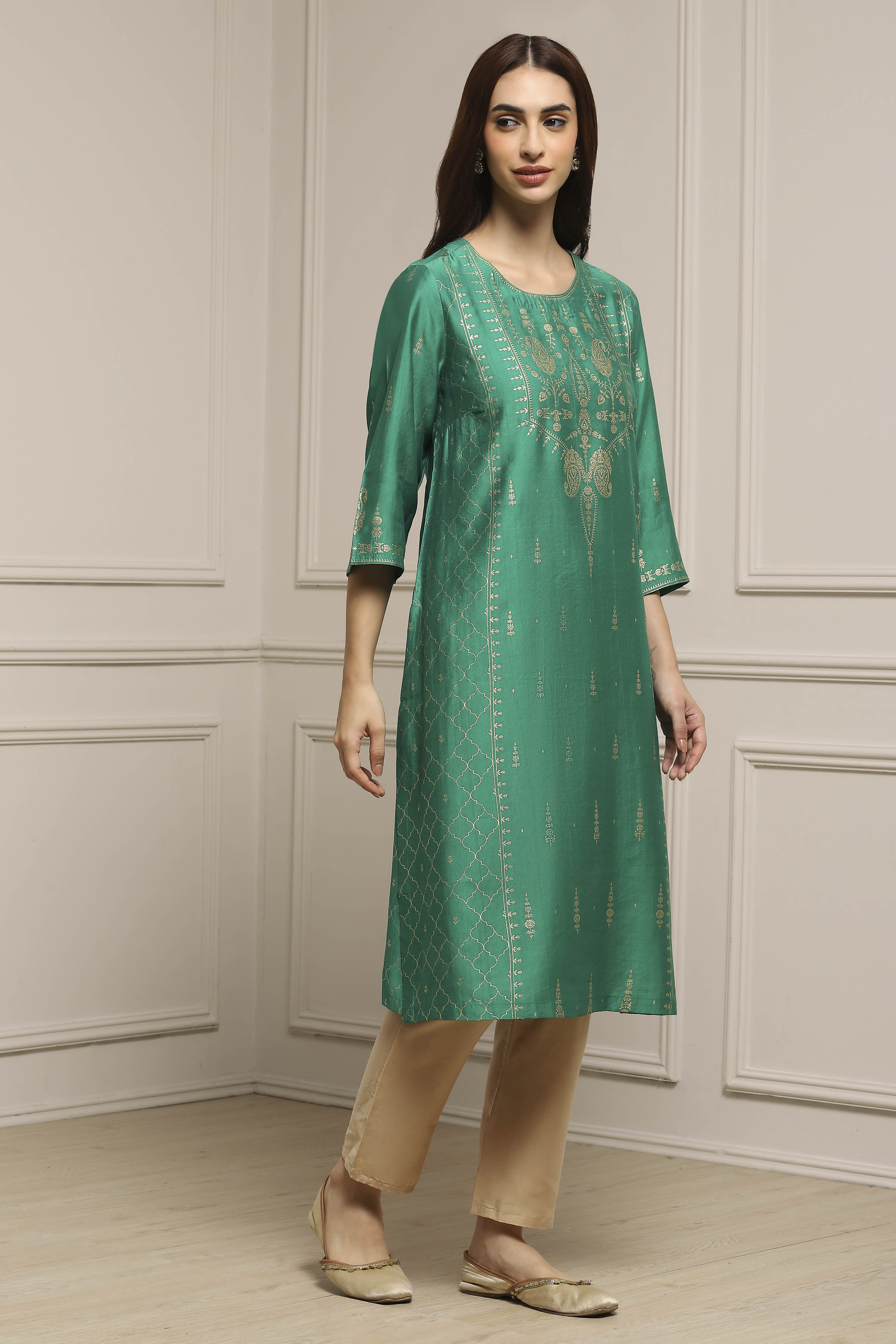 Green Art Silk Printed Straight Kurta image number 4