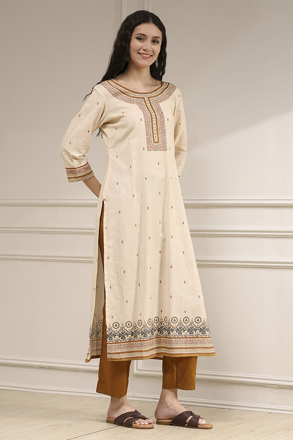 White Cotton Hand Block Print Unstitched Suit Set image number 6