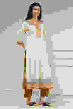 White Cotton Hand Block Print Unstitched Suit Set image number 6