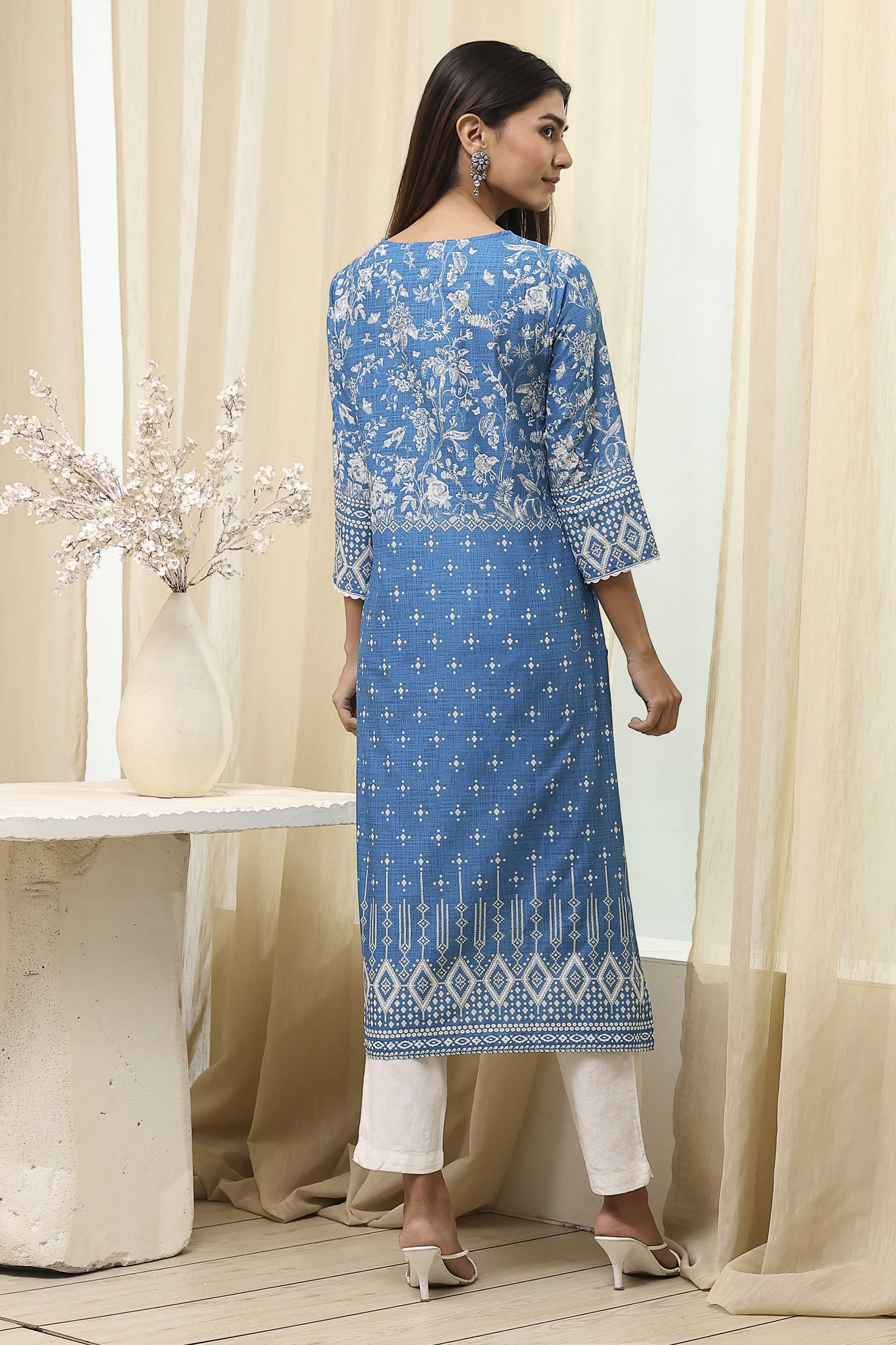 Blue Cotton Printed Straight Kurta image number 3
