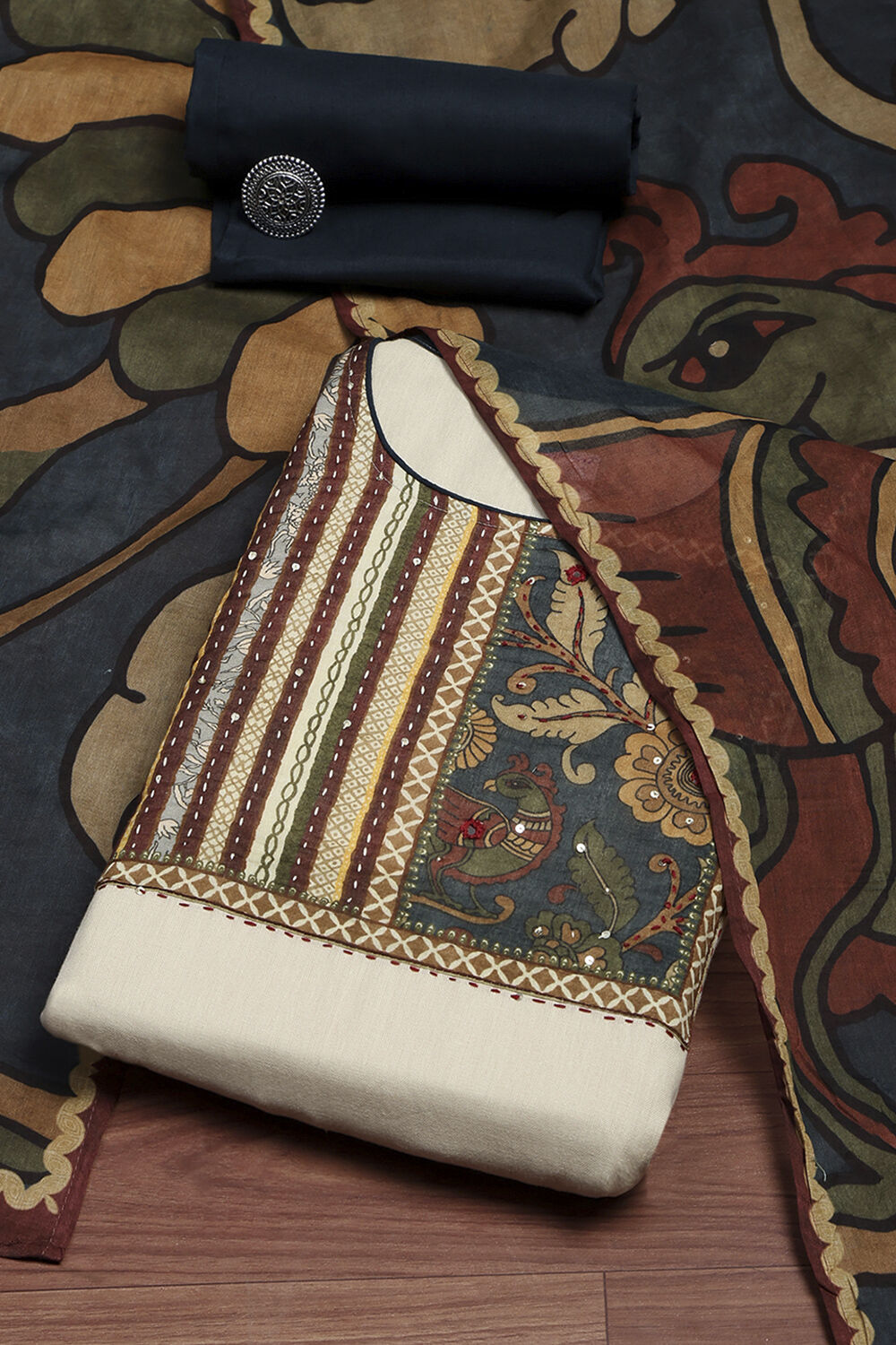 White Cotton Hand Block Print Unstitched Suit Set image number 0