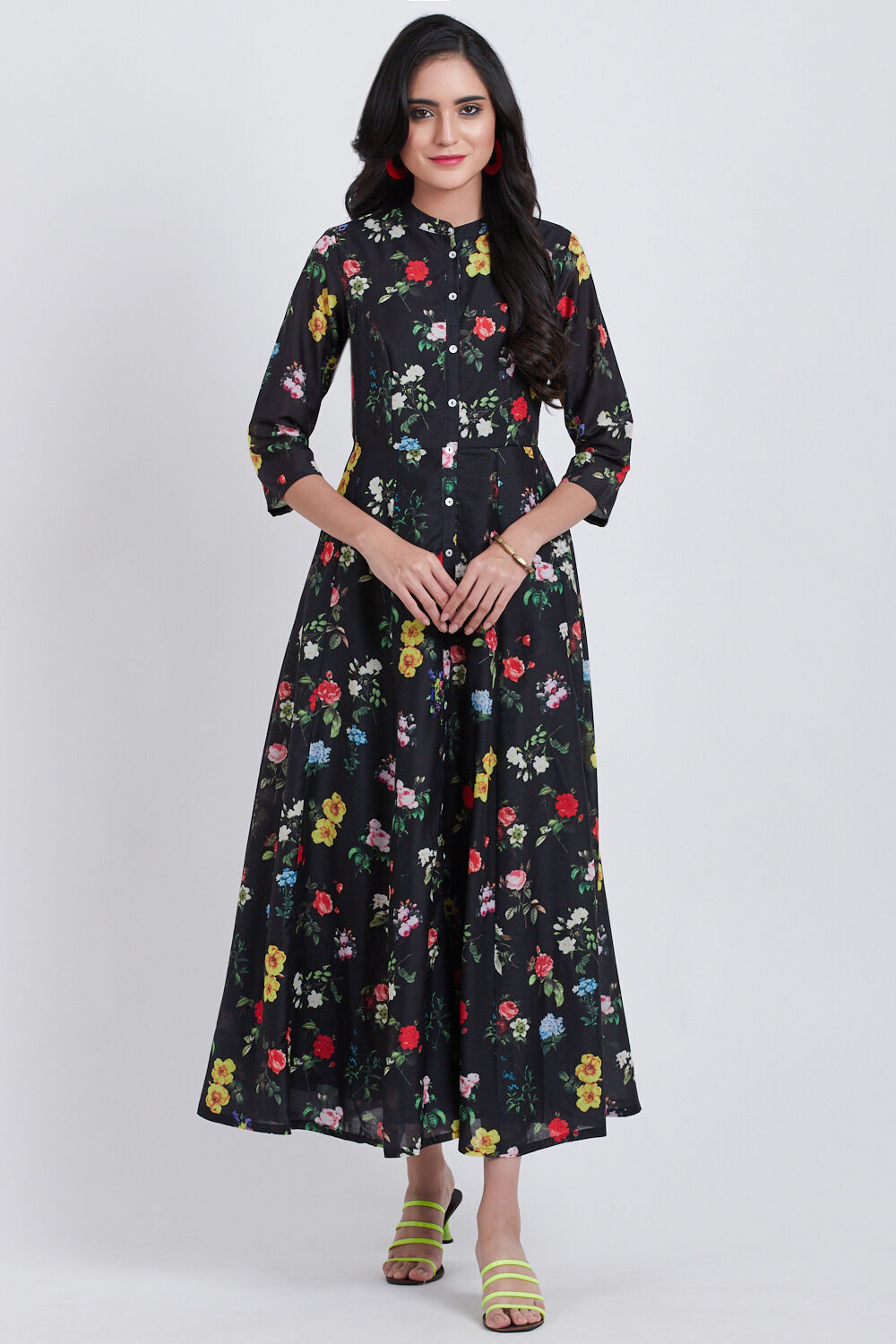 Black Art Silk Flared Printed Dress image number 0