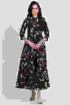 Black Art Silk Flared Printed Dress image number 0