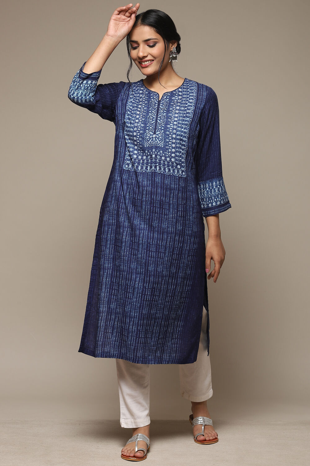 Indigo LIVA Straight Printed Kurta image number 0