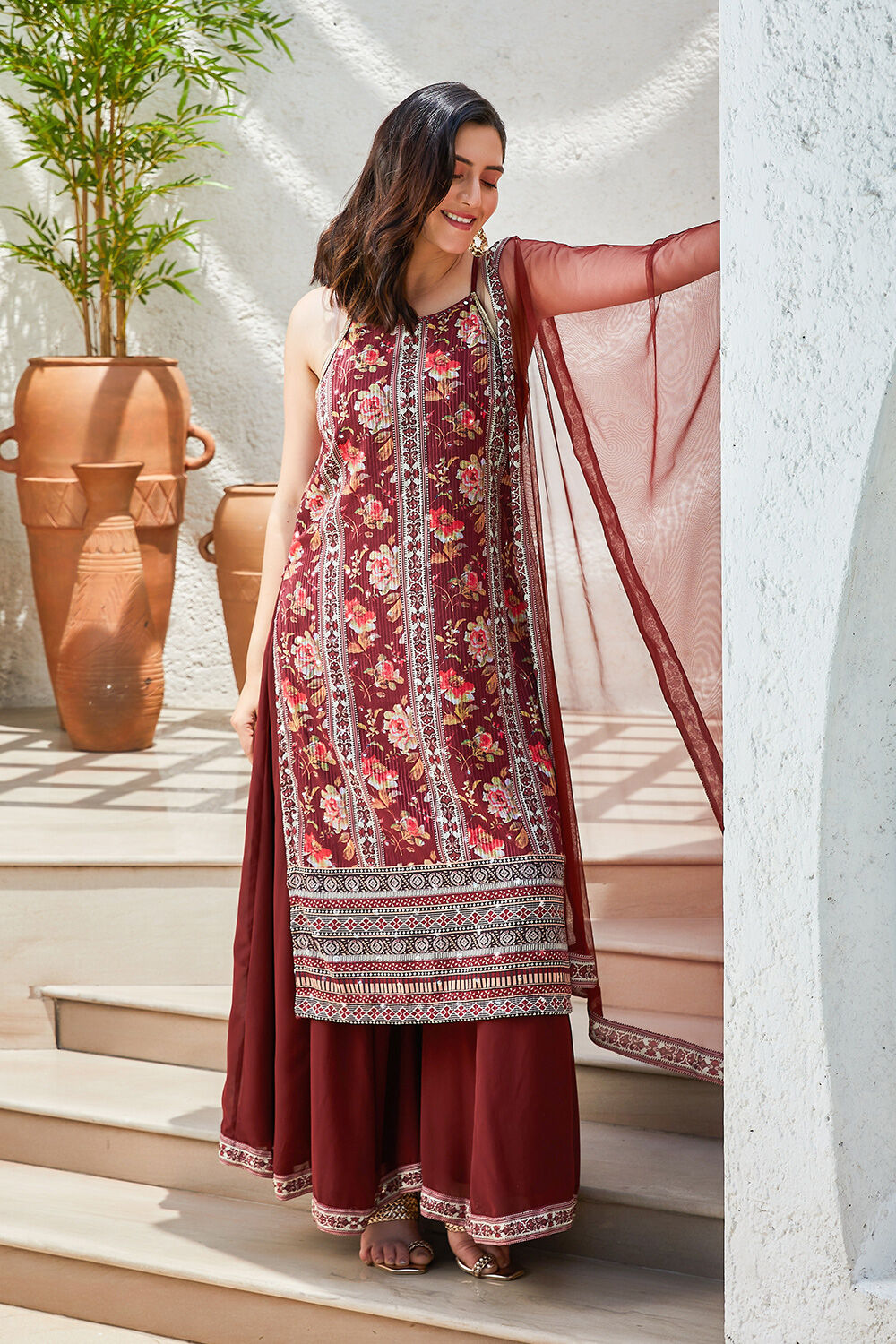 Maroon Printed Straight Kurta & Palazzo Suit Set image number 5
