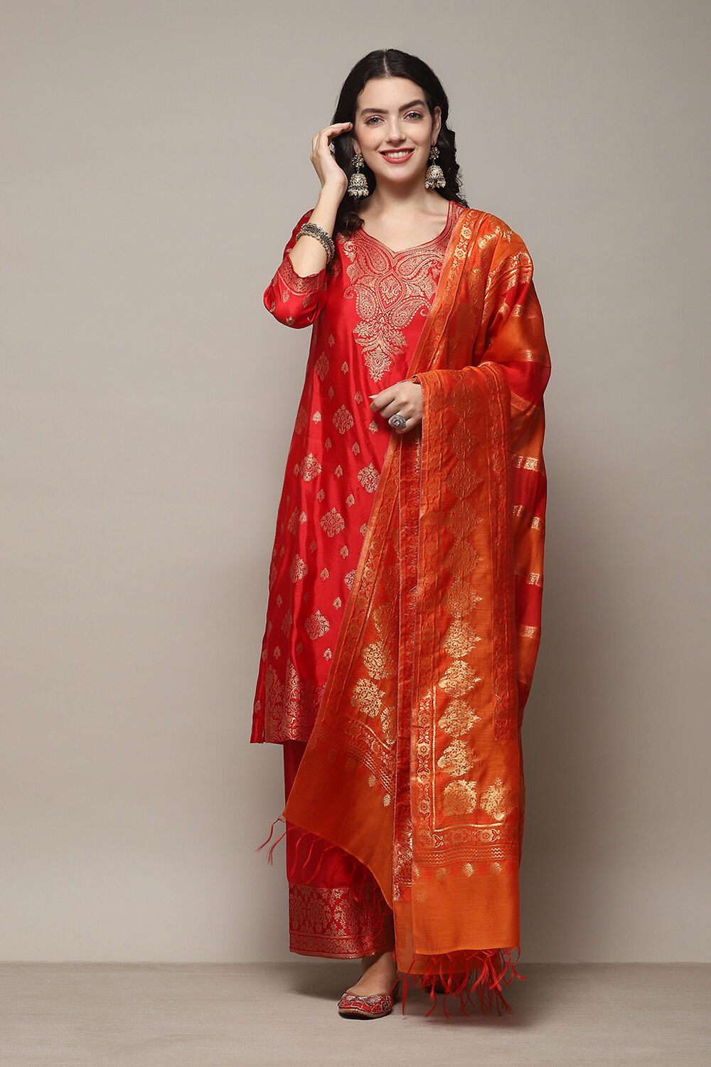 Red Cotton Blend Straight Yarndyed Kurta Palazzo Suit Set image number 7