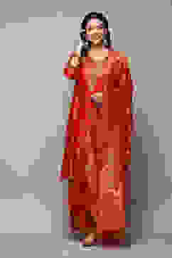 Red Cotton Blend Straight Yarndyed Kurta Palazzo Suit Set image number 7