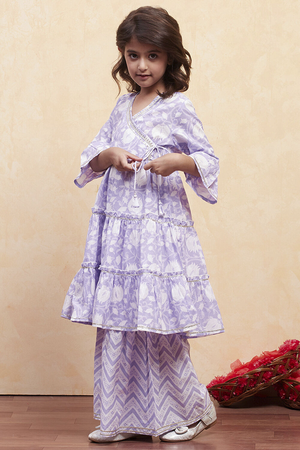 Lilac Cotton Angrakha Tiered Kurta Set image number 3