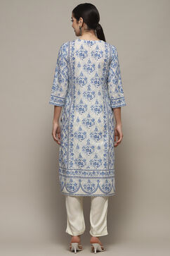 Off-White and Blue Cotton Floral Straight Suit Set image number 5