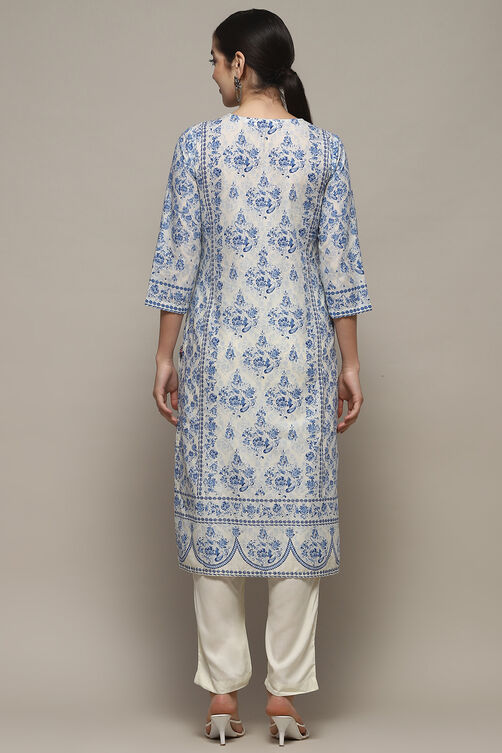 Off-White and Blue Cotton Floral Straight Suit Set image number 5