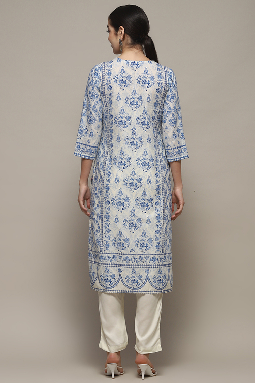 Off-White and Blue Cotton Floral Straight Suit Set image number 5