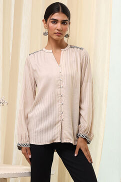 Beige Striped Straight Top image number 5