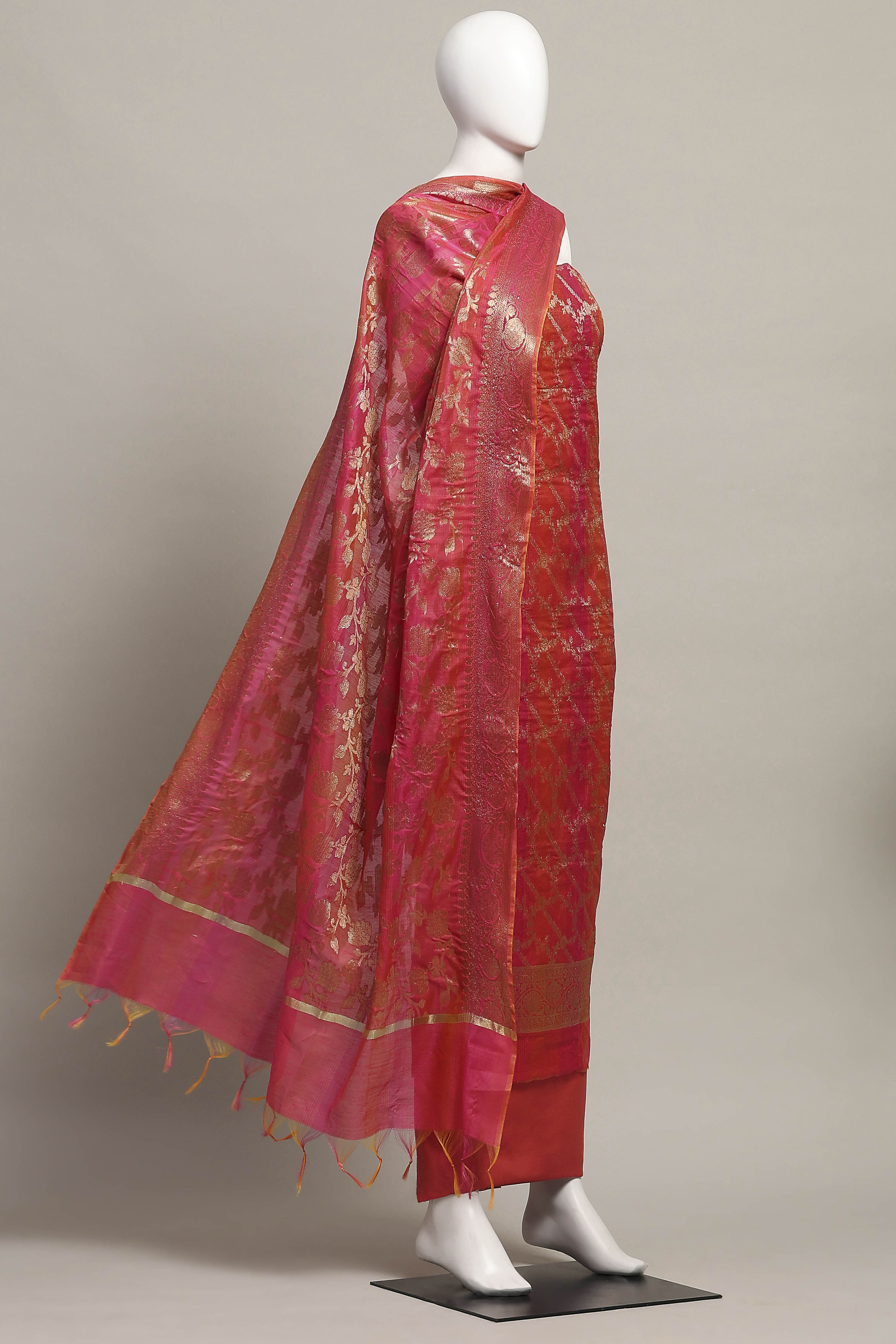 Rust Cotton Printed Embroidered Unstitched Suit Set image number 4