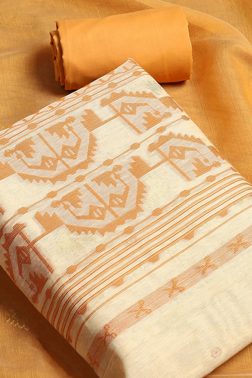 Beige and Yellow Chanderi Handloom Unstitched Suit Set image number 2