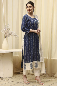 Navy Blue Cotton Handloom Unstitched Suit Set image number 6