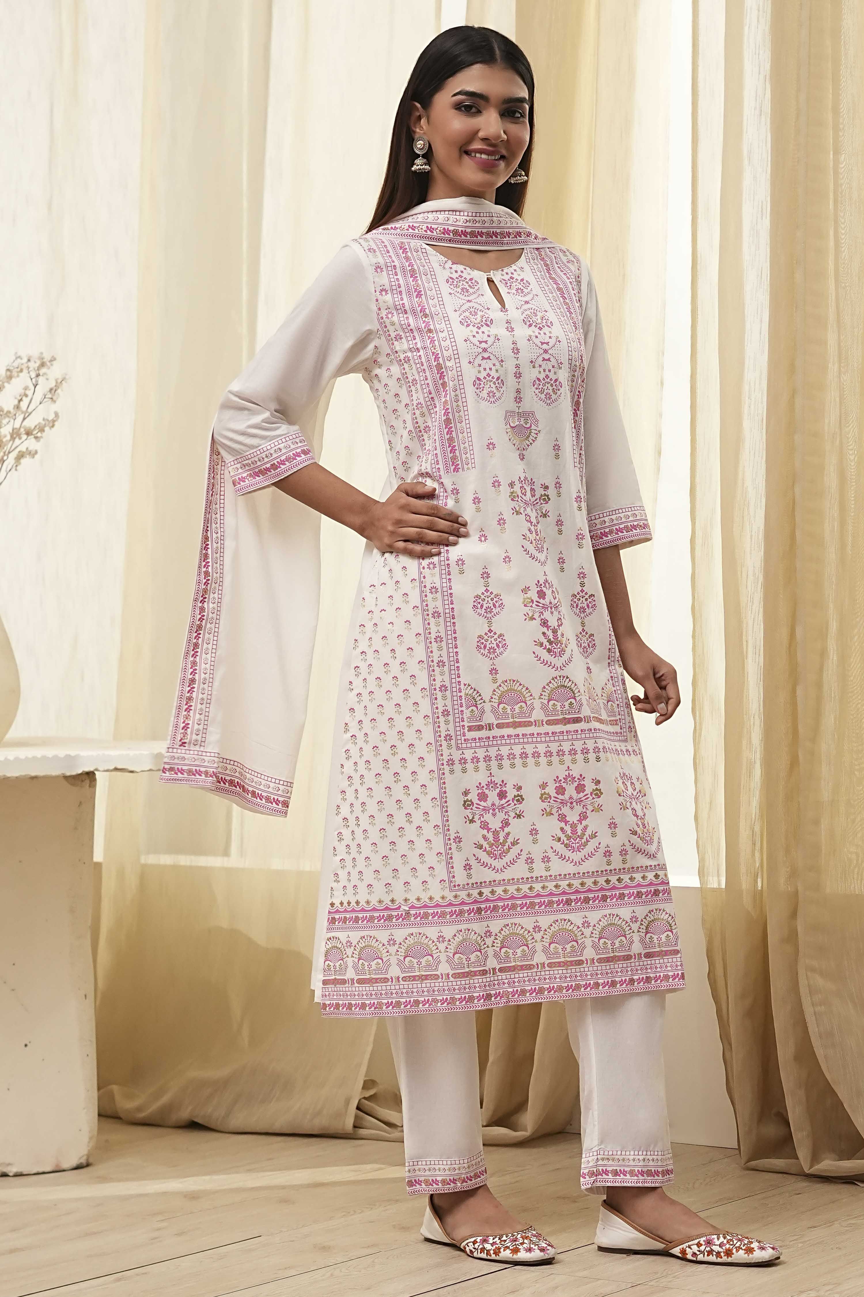 Off-White and Pink Cotton Straight Suit Set image number 5