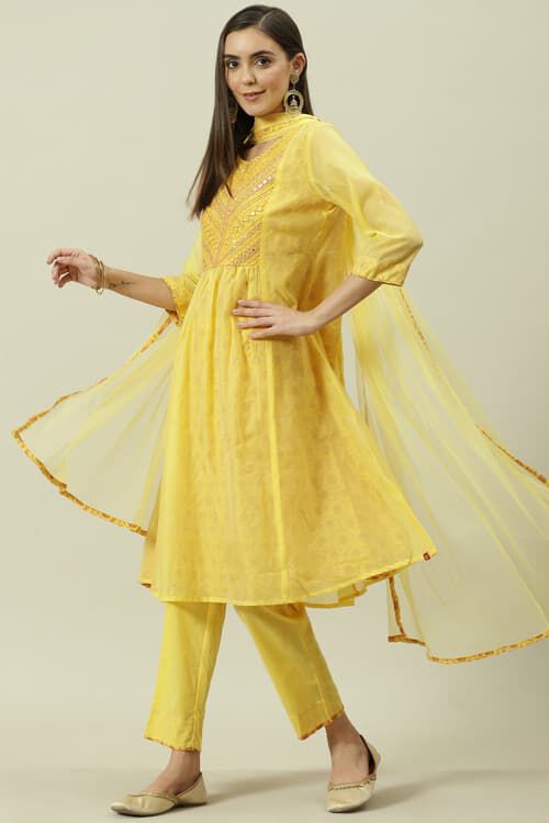 Yellow Cotton Blend Kalidar Kurta Pants Suit Set image number 5