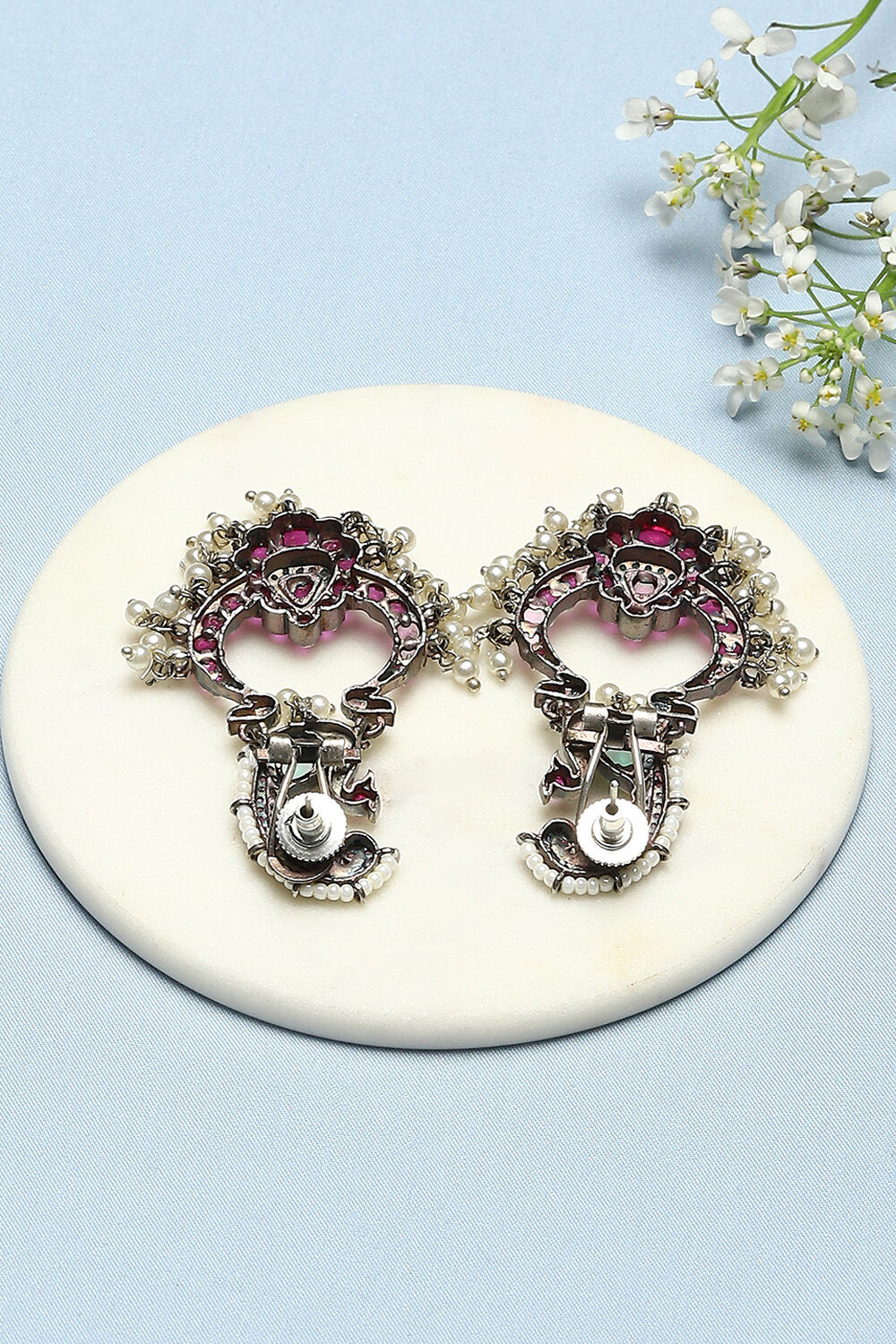 Pink Green Oxidised Brass Earrings image number 2