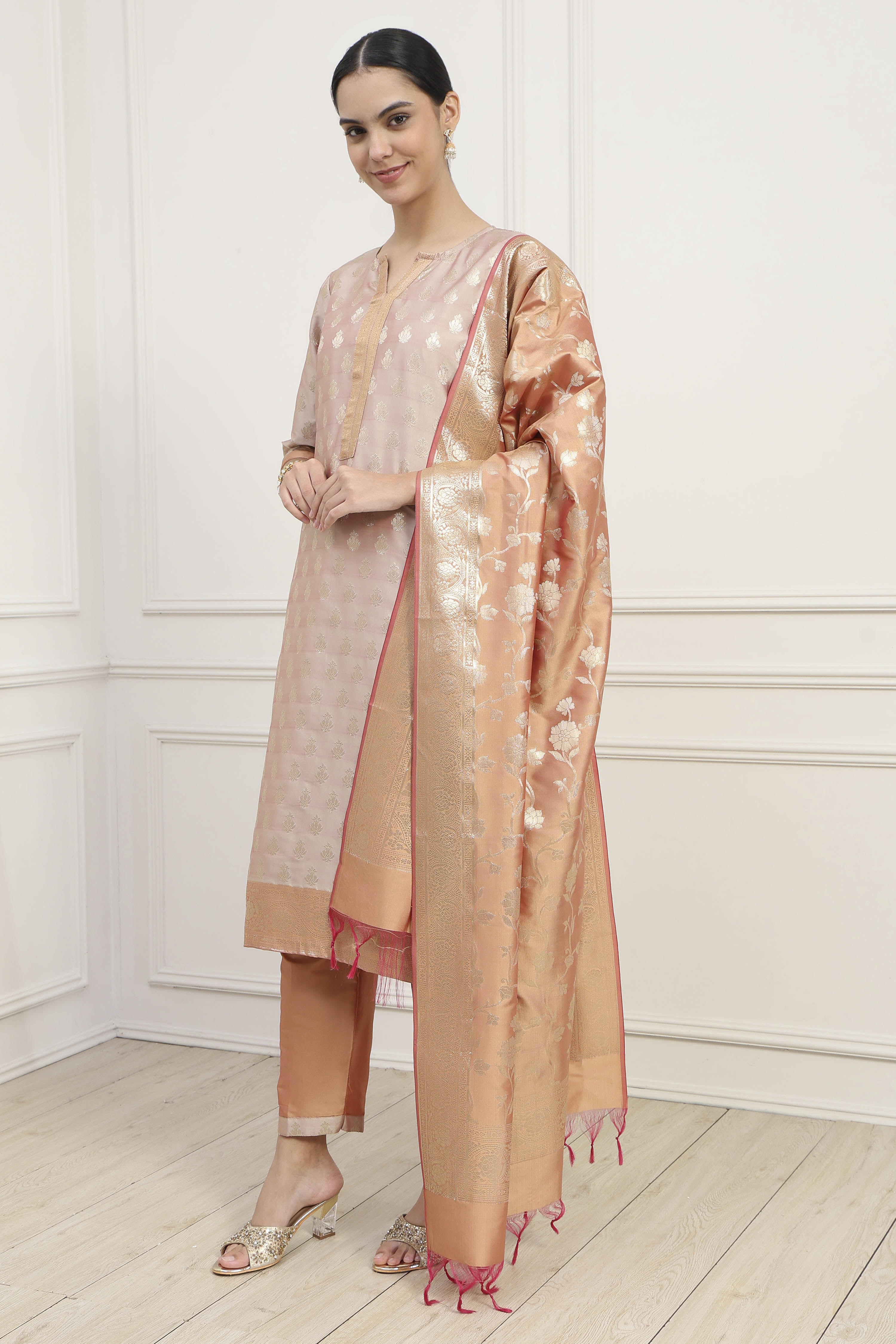 Beige Silk Blend Banarasi Unstitched Suit Set image number 4