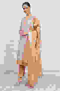 Beige Silk Blend Banarasi Unstitched Suit Set image number 4