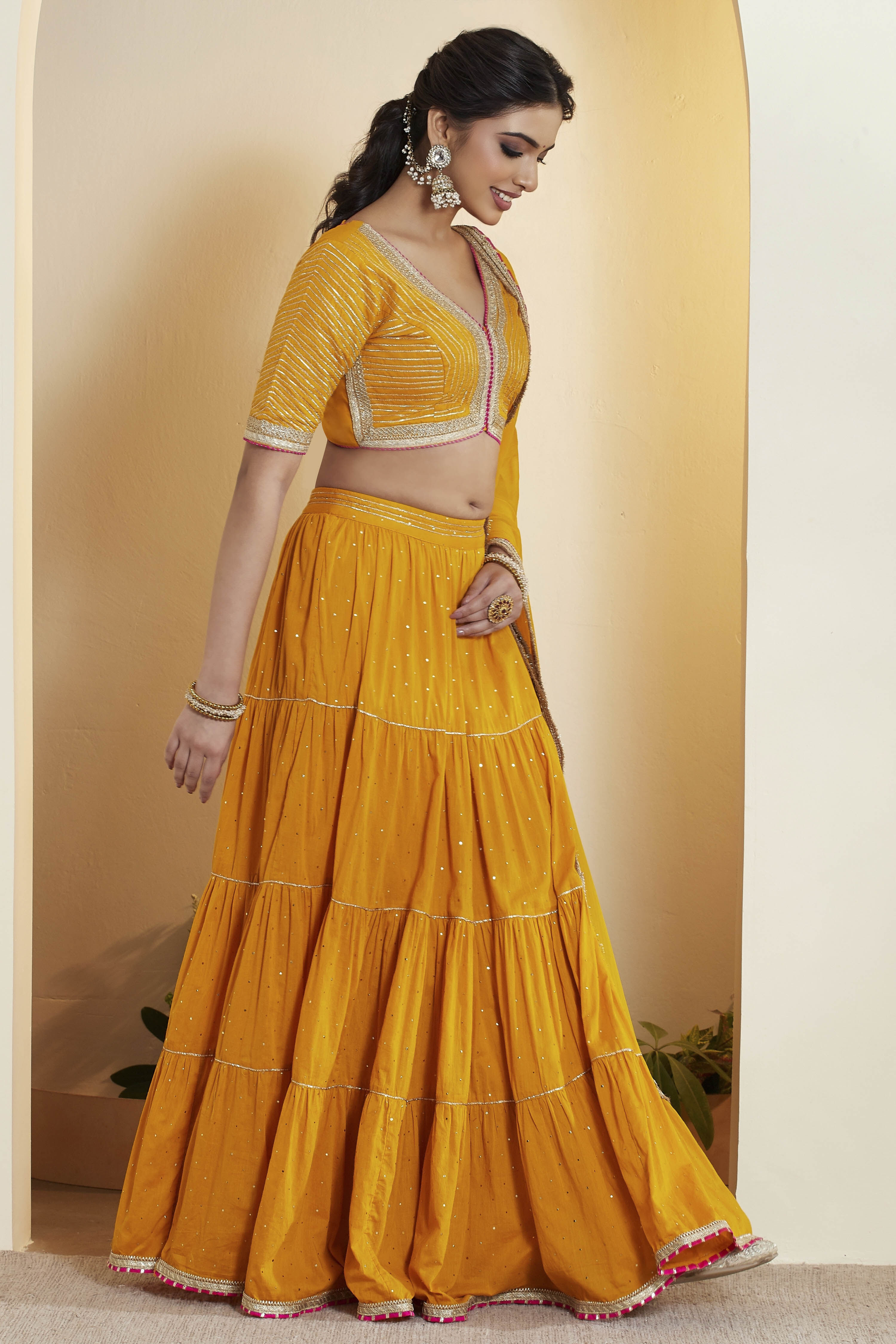 Mustard Cotton Gathered Lehenga Set image number 5