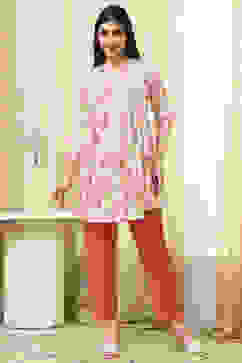 Pink Cotton Floral Flared Short Kurta image number 4