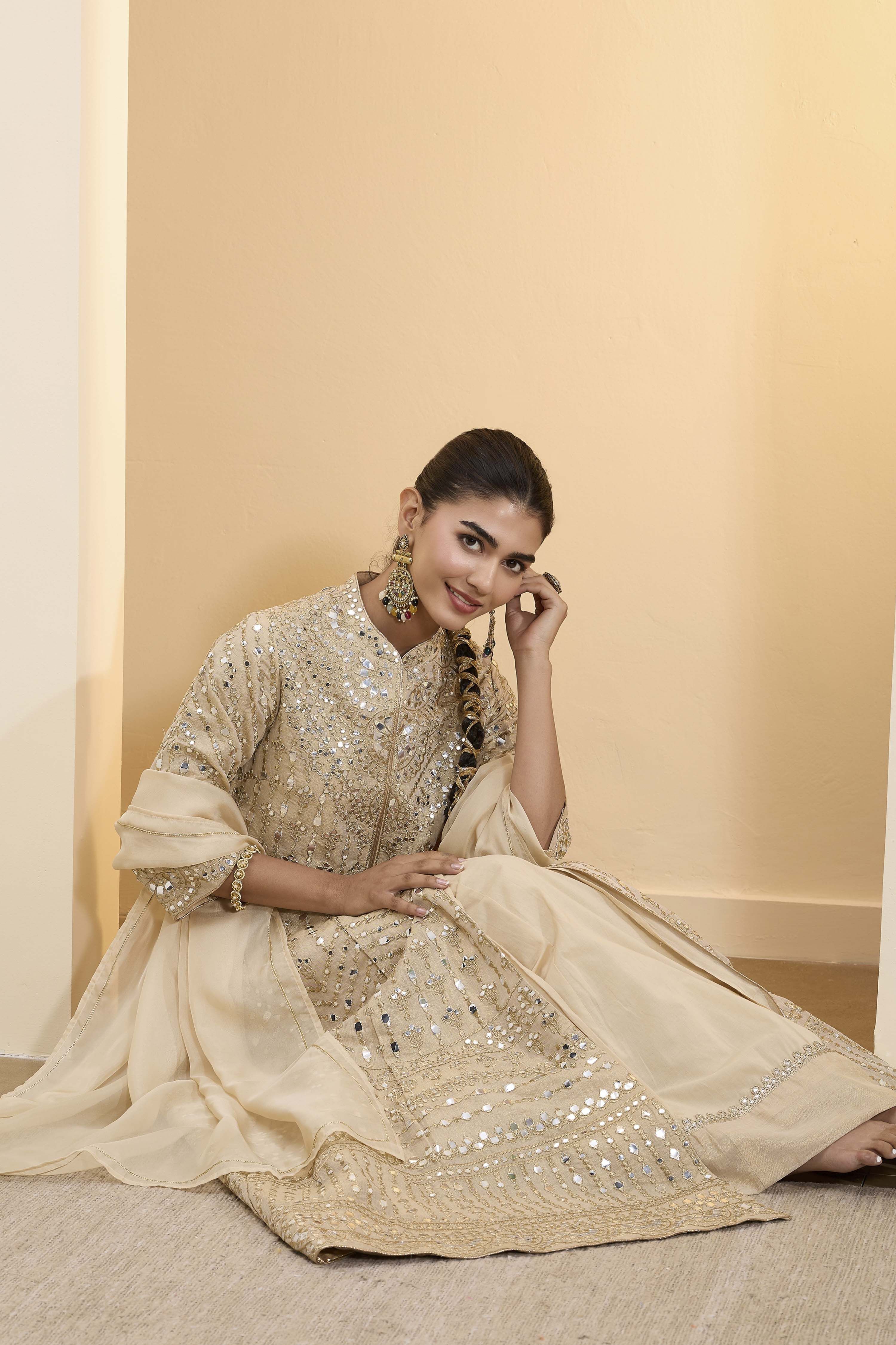 Beige Cotton Zari Tissue Kalidar Suit Set image number 6