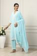 Sky Blue Cotton Floral Embroidered Straight Suit Set image number 3