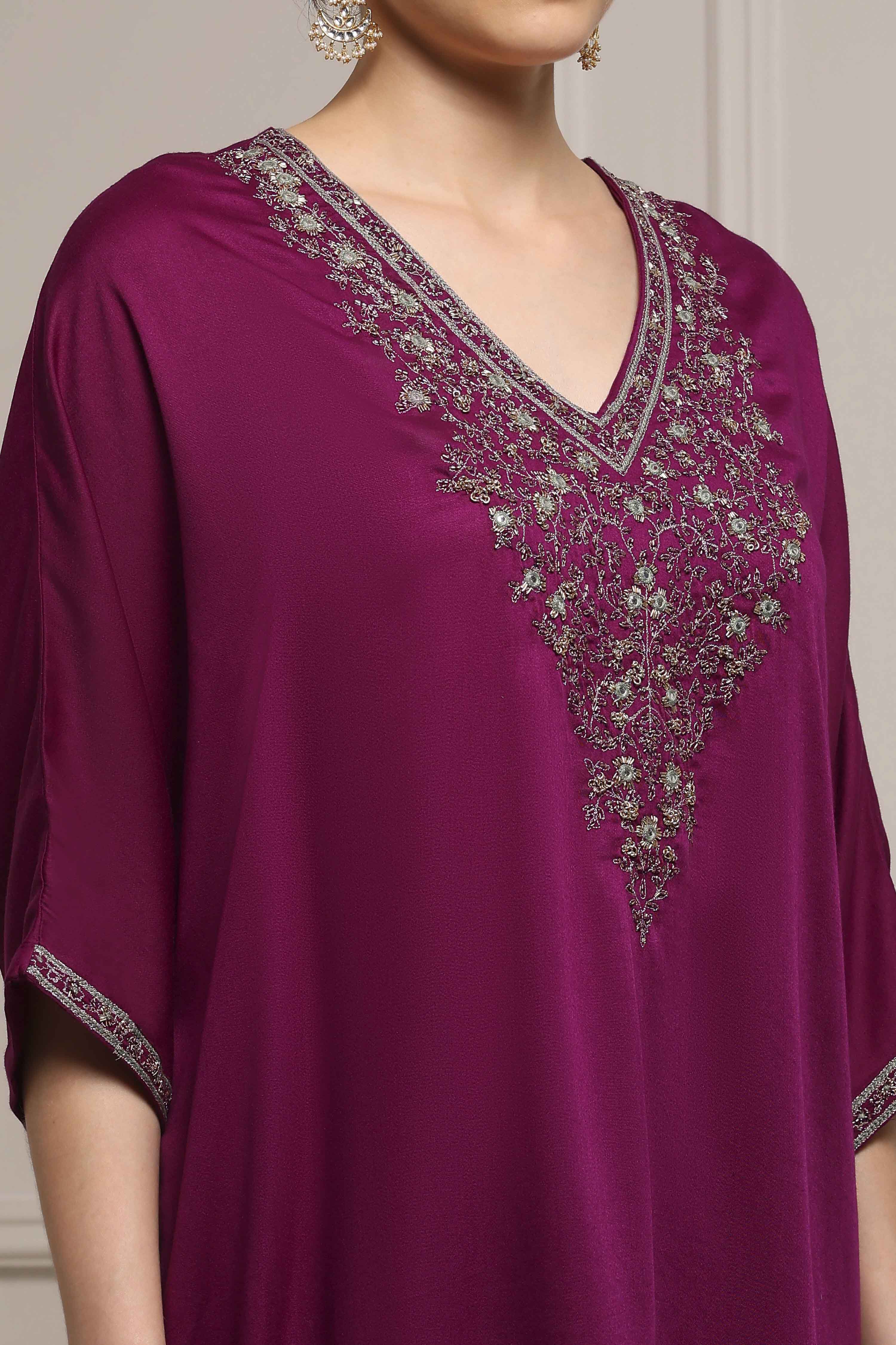 Purple Satin Solid Kaftan-Style Kurta Set image number 1