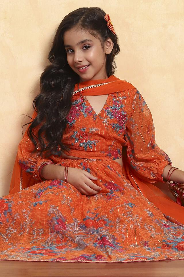 BIBA Orage Polyester Prited Kalidar Lehega Set in Orange