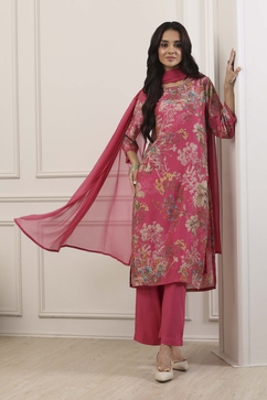 Pink Cotton Blend All-Over Floral Straight Suit Set