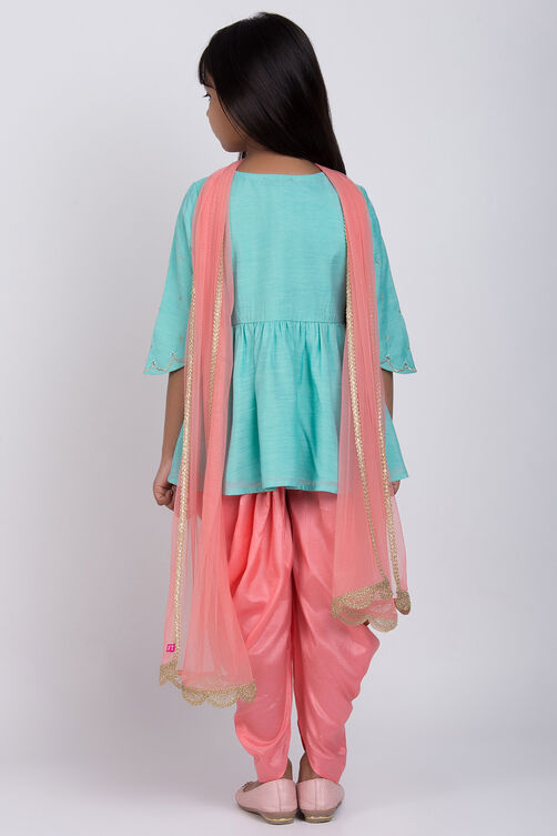 Turquoise Poly Cotton A-Line Kurta Dhoti Salwar Suit Set image number 4
