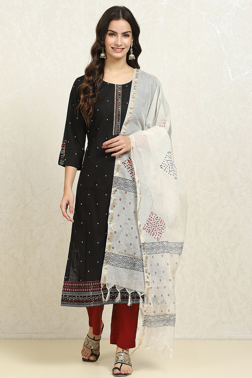 Yellow Cotton Handloom Unstitched Suit Set image number 1