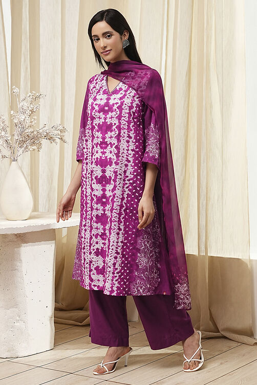 Berry Purple Cotton Straight Suit Set image number 3