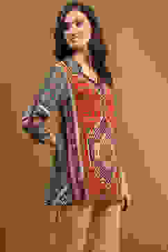 Rust and Green Block Printed Shirt Style Short Kurta image number 4