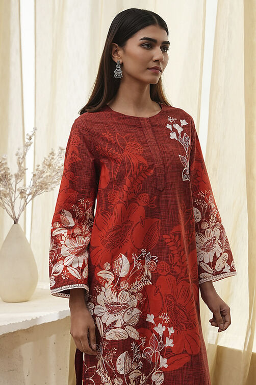 Rust Cotton Floral Straight Kurta Set image number 1