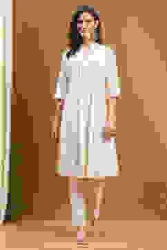 Ecru Cotton Solid Pleated A-Line Kurta image number 5