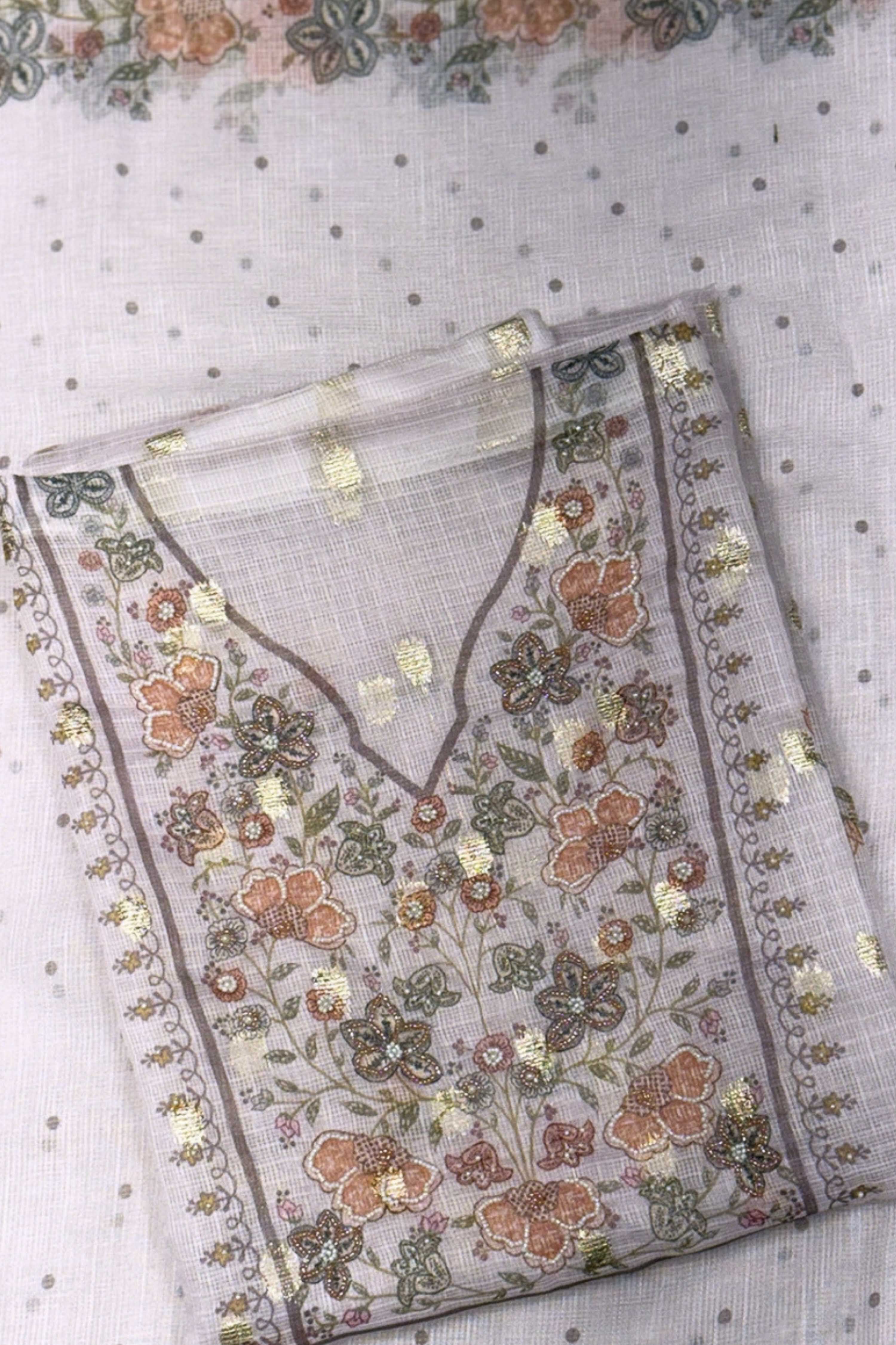 Teal Kota Cotton Neck Embroidered Unstitched Suit Set image number 1