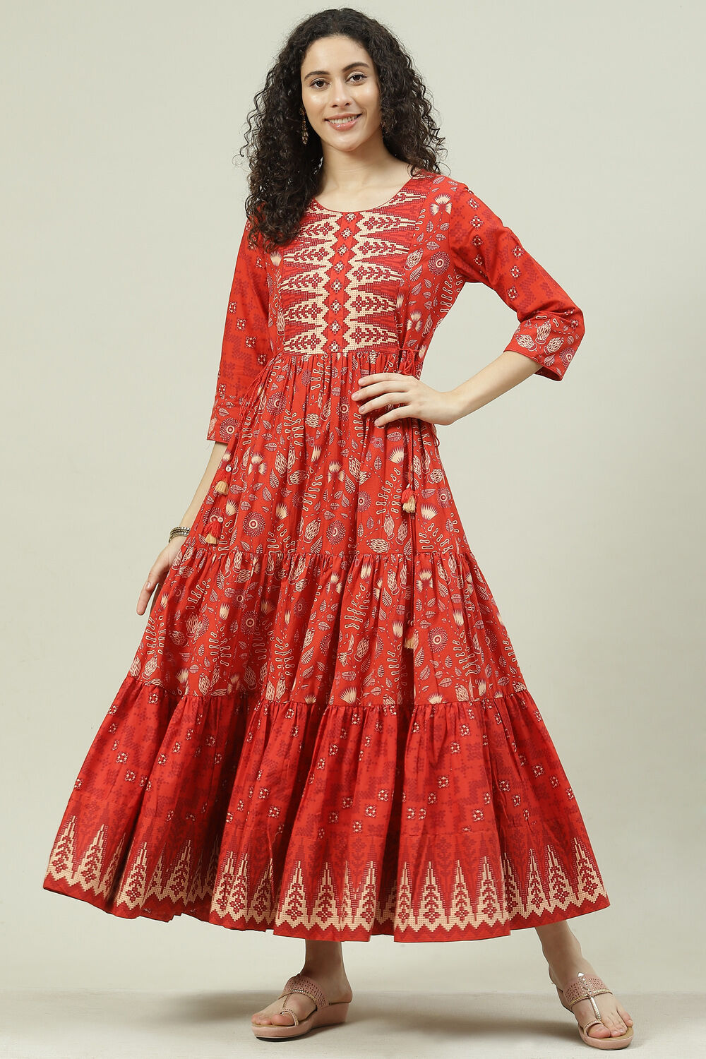 Buy Rust Cotton Flared Fusion Printed Dress Online at Biba India