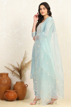 Teal Chanderi Unstitched Suit Set image number 4