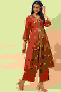 Rust Cotton Flared Kurta Set image number 5