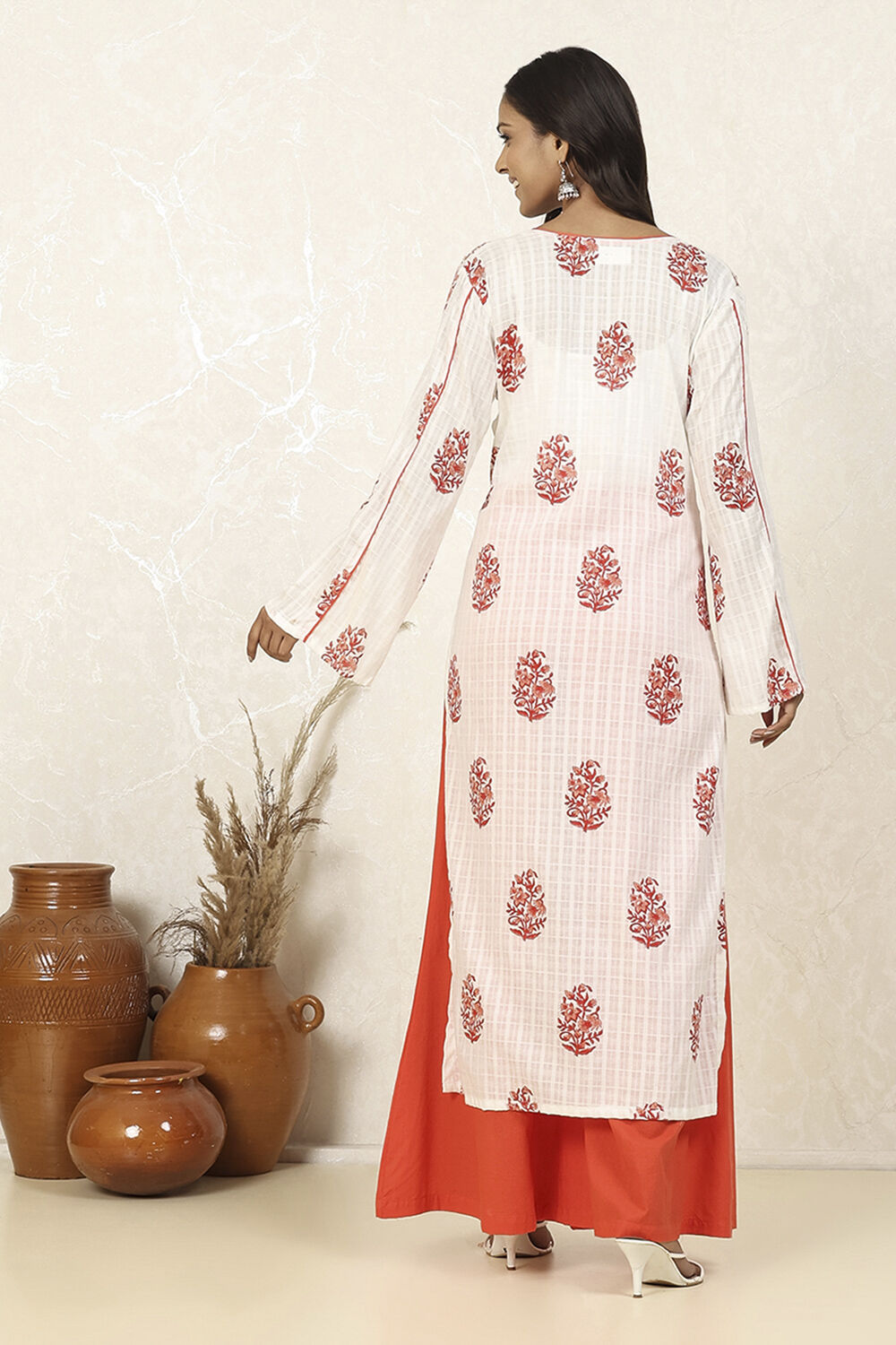 Red Cotton Hand Block Print Unstitched Suit Set image number 5