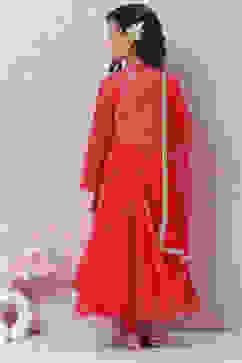 Red Cotton Anarkali Kurta Churidar Suit Set image number 4