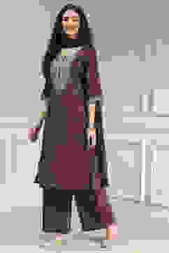 Wine Embroidered Straight Suit Set image number 3